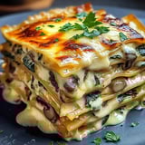 Eine Schicht Lasagna mit Spinat, Mushrooms und Zwiebeln auf einem Plate.