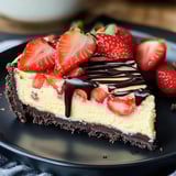 Eine Schokoladen-Strawberry-Konfekt-Karte mit Schokolade und Strawberries auf einem schwarzen Teller.