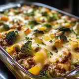 Ein Glas mit einer Lasagne, die mit Broccoli, Zwiebeln und Käse zubereitet wurde.