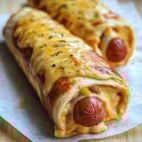 Ein Hotdog in einer Pita mit Käse und Zwiebeln.