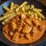 Ein Plate mit Chicken und Friesen.