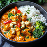 Ein Schalen mit einer Mischung aus Nudeln, Kernen und Gemüse, darunter Broccoli und Kokosnuss.
