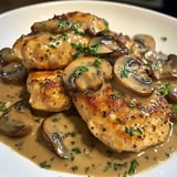 Eine Platte mit gegrillten Steakchen, die mit Mushrooms und Zwiebeln garniert sind.