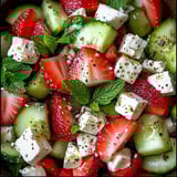 Eine Schüssel mit frischem Obst, darunter Strawberries, Mint und Käse.