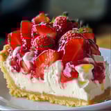 Eine Strawberry-Kuchen-Topping mit Strawberries und Vanille-Eis.