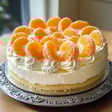 Eine Tafel mit einer Orange-Zitrus-Konfekt-Torte, die mit Orangenscheiben und Zitronen geschmückt ist.