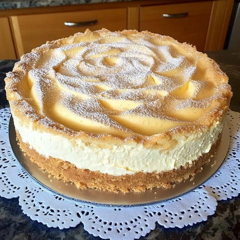 Eine Tafel mit einer süßen Käsekuche, die mit Zucker bestreut ist.