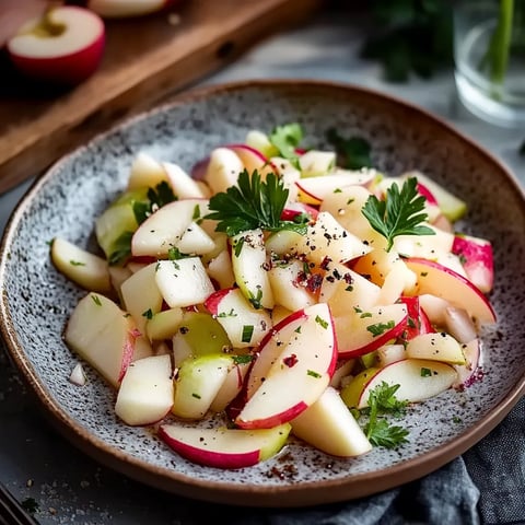Ein großer, dunkler Teller mit frischem Obst, darunter eine Mischung aus Apfel, Zwiebel und Koriander.
