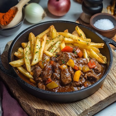 Ein Schmelztopf mit Fritten und Steak.