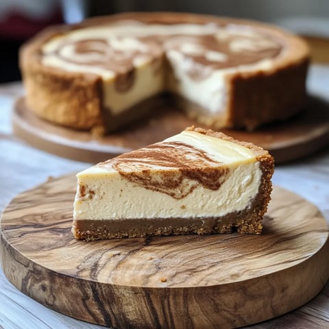 Ein Stück Zimtschnecken-Cheesecake auf einem Holzblock.