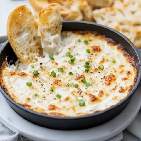 Eine Schüssel mit einer cremigen Mischung, die mit grünen Zwiebeln und Brot garniert ist.