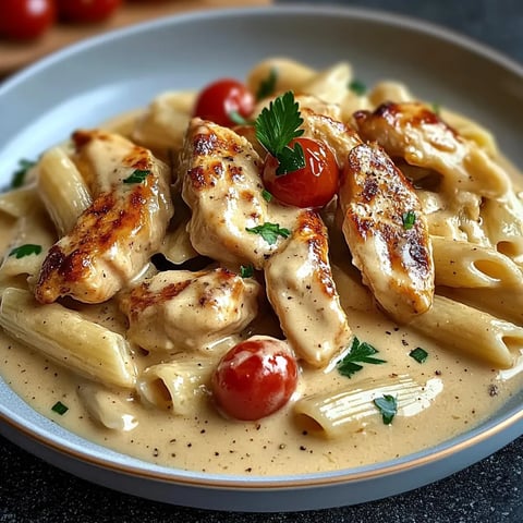 Eine Platte mit Pasta, Tomaten, Zwiebeln und Chicken.