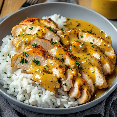 Ein Schinkenstirf in einer Schüssel mit Reis und Sauce.