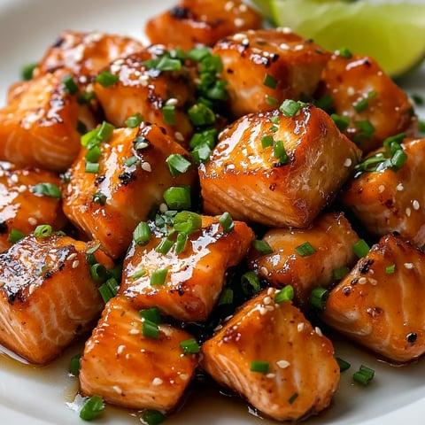 Eine Platte mit gegrilltem Salmon, das mit Garnelen und Zwiebeln garniert ist.