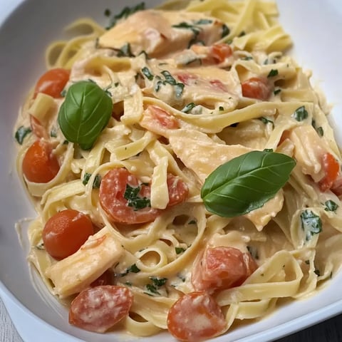 Ein weißer Teller mit Pasta, Tomaten, Zwiebeln und Käse.