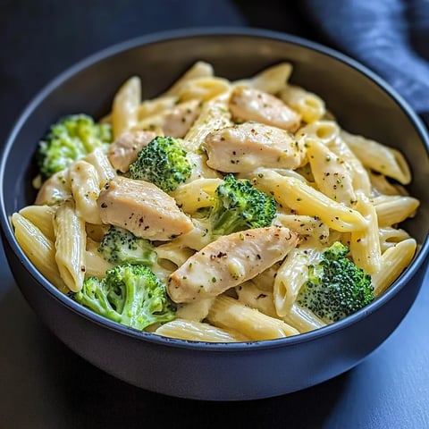 Ein Schalen mit Penne, Chicken und Broccoli.