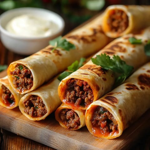 Eine Schüssel mit einer cremigen Substanz, die in einem Holzblock mitten liegt. Darunter liegen mehrere Burritos, die mit einer Sauce und Zwiebeln garniert sind.