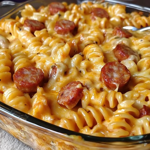 Ein Glas mit Pasta und Sausage.
