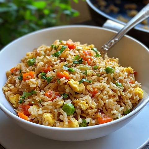 Ein weißer Teller mit einer Mischung aus Reis, Eiern, Karotten, Zwiebeln und Tomaten.