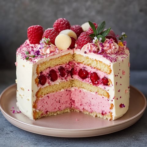 Ein Stück Kuchen mit Raspberry-Füllung und Raspberry-Zutaten auf einem Pink-Teller.