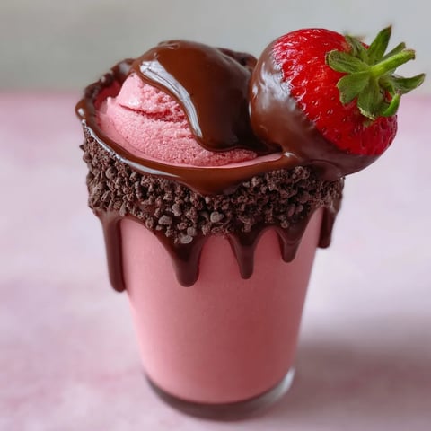 A glass of pink and brown liquid with a strawberry on top.
