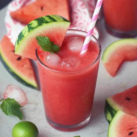Ein Glas mit einer roten Getränk, das aus einer Mischung aus Frucht und Zitrusfrüchten hergestellt wurde. Es hat eine Pink-Lokomotive-Struktur und ist mit einem Straw umgeben.