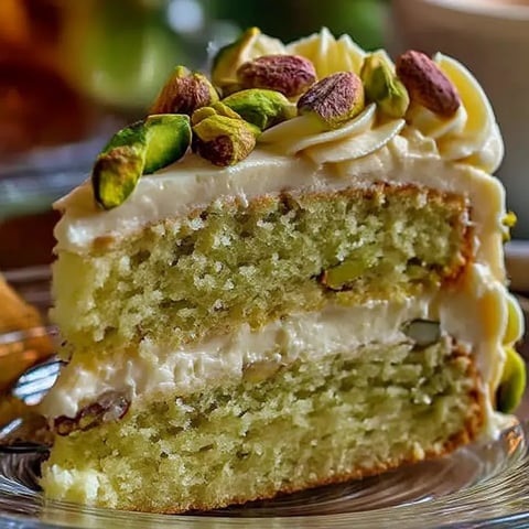 Ein Stück Pistachio-Kuchen auf einem Glas.