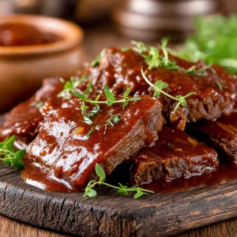Eine Tafel mit einer Schüssel voller Barbecue-Garnelen auf einem Tisch.