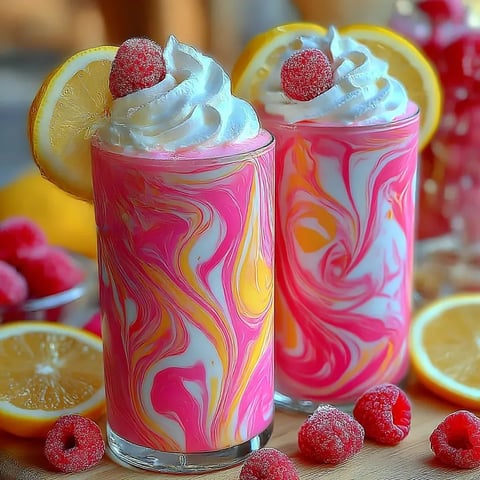 Zwei glasierte, farbenfrohe Raspberry-Lemonade-Getränke mit Zitronen und Raspberrys auf einem Tisch.