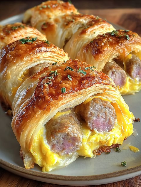 Ein weißer Teller mit zwei weißen Croissants, die mit Sausage und Eiern gefüllt sind.